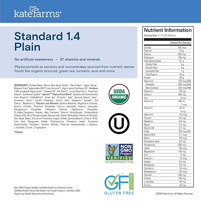 KATE FARMS Organic 1.4 High Calorie Nutrition Shake, Plain, 20g Protein, 27 Vitamins and Minerals, Meal Replacement, Protein Shake. 11 oz (12 Pack)