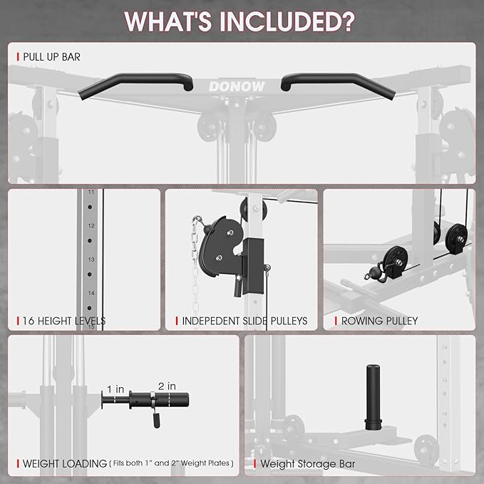 DONOW Cable Crossover Machine, Cable Fly Machine Home Gym System Workout Station with Dual Pulley System Pull-Up Bar Cable Bar and LAT Pull Down System