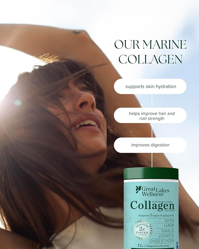 Great Lakes Wellness Sustainable Marine Collagen Peptides Powder for Skin, Hair, Nails, Joints & Digestion - Unflavored - Quick Dissolve Hydrolyzed, Wild Caught, MSC Certified, Non-GMO, Kosher - 16 oz