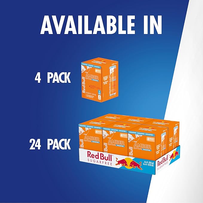 Red Bull Amber Edition Sugar Free Energy Drink, Strawberry Apricot, with 114mg Caffeine plus Taurine & B Vitamins, 12 Fl Oz, 6 Packs of 4 Cans (Pack of 24)