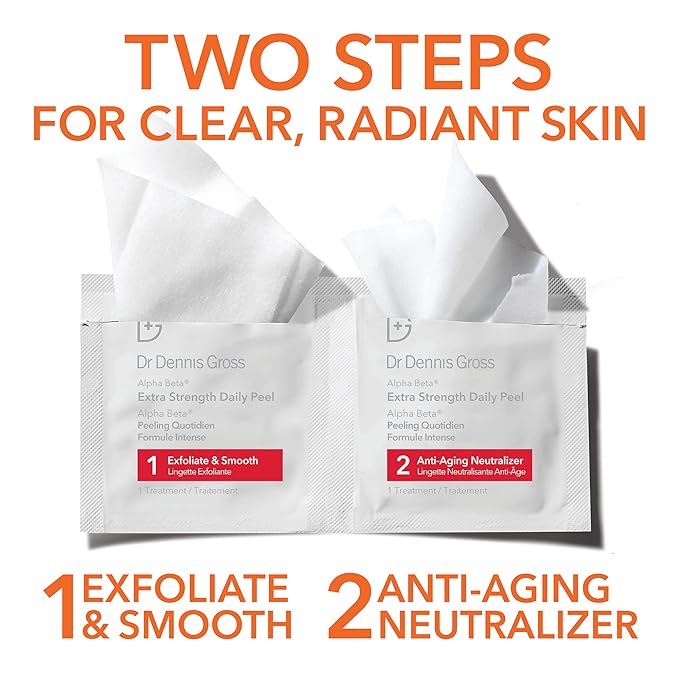 Dr. Dennis Gross Alpha Beta Extra Strength Daily Peel – 2-Step Exfoliating Pads for Enhanced Anti-Aging, Smoother Skin, and Radiant Complexion, 5 Treatments