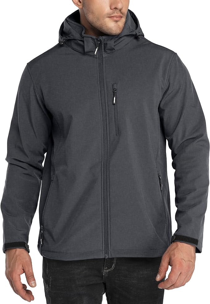 Outdoor Ventures Men's Lightweight Softshell Jacket Fleece Lined Hooded Water Resistant Winter Hiking Windbreaker Jackets