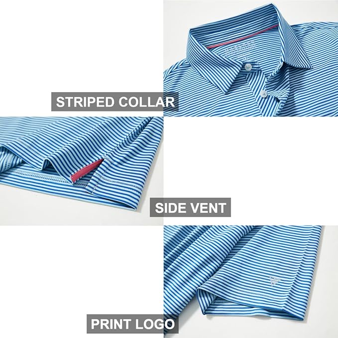 Men's Golf Polo Shirts Short Sleeve Striped Performance Moisture Wicking Dry Fit Golf Shirts for Men