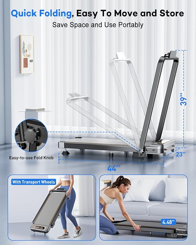 Foldable Treadmill with 10% Incline Upgrade 3.5HP Low Noise Walking Pad Treadmill with Handle Bar Rayspace 4 in 1 Portable Under Desk Treadmills for Home/Office, 350Lbs Capacity, APP & Remote Control