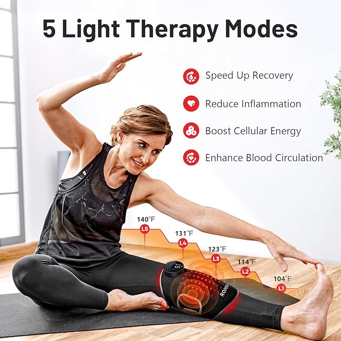 Red Light Therapy Knee Brace&Vibration Knee Massage for Pain Relief, 660nm&850nm Rechargeable Near Infrared Light Therapy Device for Knee/Elbow/Shoulder Faster Recovery for Cordless Use