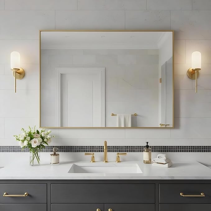 27x36 Inch Brass Bathroom Mirror for Wall, Aluminum Frame Rectangle Rectangular Vanity Mirror, Modern Large for Bedroom, Living Room, Horizontal or Vertical