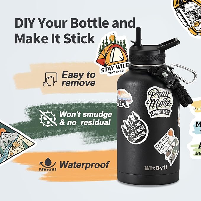 64 oz Insulated Water Bottle with Straw (Cold for 48 Hrs), Half Gallon Stainless Steel Triple Wall Vacuum Sports Water Jug, Leakproof Hydro Cup Flask with Straw Spout Lids & DIY Stickers