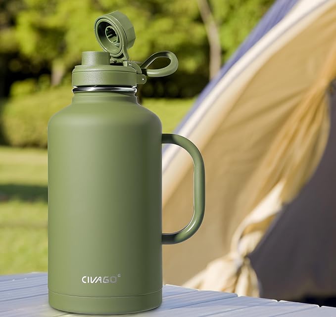 CIVAGO 64 oz Insulated Water Bottle Jug with Straw and Handle, Half Gallon Stainless Steel Water Flask, Large Sports Metal Water Bottle with Straw Lid (3 Lids), Big Thermal Mug Cup, Indigo Black