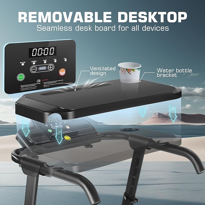 Treadmill with Desk Workstation & Adjustable Height, 300 LBS Weight Capacity, Folding Treadmill with 3 Level Incline, Bluetooth Speaker & App, Portable 2.5HP Walking Pad with Desktop for Home Office