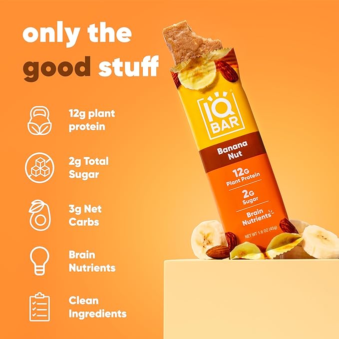 IQBAR Brain and Body Plant Protein Bars - Banana Nut - 12-Count Low Carb - Gluten Free, High Fiber, Vegan Snacks - Low Sugar Meal Replacement