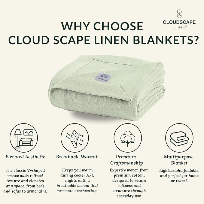 Herringbone Cotton Twin Blanket for Couch, Bed,Sofa, Home Decor, Soft, Lightweight, All-Season Bed Blanket, 68 x92, Seafoam Green