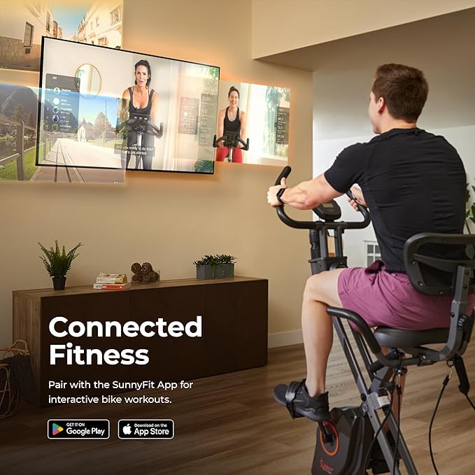 Sunny Health & Fitness Smart Folding X-Bike, Portable Compact Exercise Bike for Indoor Cycling Workout, Home Cardio Training Machine, Free SunnyFit App Bluetooth Connect, Optional Foldable Recumbent