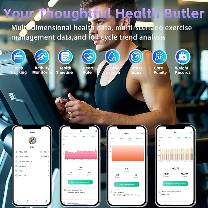 Health Fitness Tracker Ring for Women Men – Smart Ring with Heart Rate, SpO2, Blood Pressure, Sleep Monitoring with Charging Case,Remote Photography, Family Care, No Subscription Fee (Gold 11)