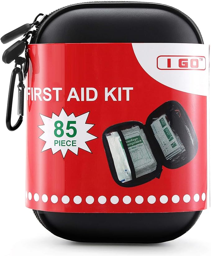 I GO 85 Pieces Hard Shell Mini Compact First Aid Kit, Small Personal Emergency Survival Kit for Travel Hiking Camping Backpacking Hunting Marine Car