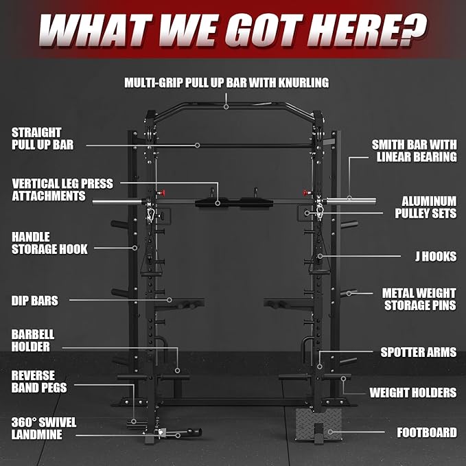 Mikolo Smith Machine, Multi-Function Power Cage with Dual Pulley System, Vertical Leg Press Attachment, Squat Rack Power Rack with More Training Attachment for Home Gym