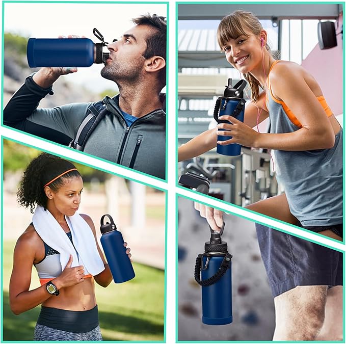 Stainless Steel Water Bottles 32oz - with Paracord Handle, Straw/Spout Lid, Carrying Case & Protective Boot, Leak Proof Double Wall Vacuum Insulated Bottle Keep Cold 48H & Hot 24H
