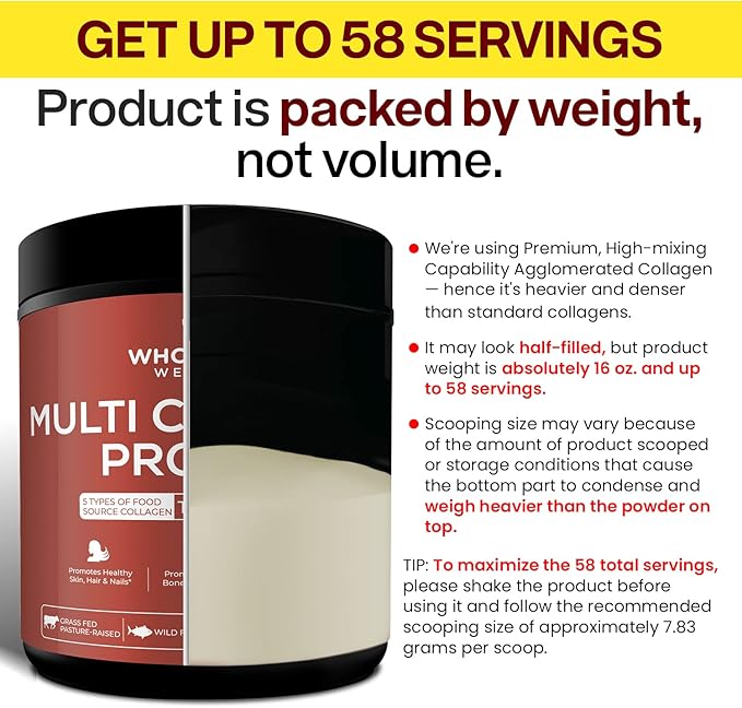 Wholesome Wellness Multi Collagen Protein Powder Hydrolyzed (Type I II III V X) Grass-Fed All-in-One Super Bone Broth + Peptides - Premium Blend of Beef, Chicken, Wild Fish, Eggshell, 58 Servings