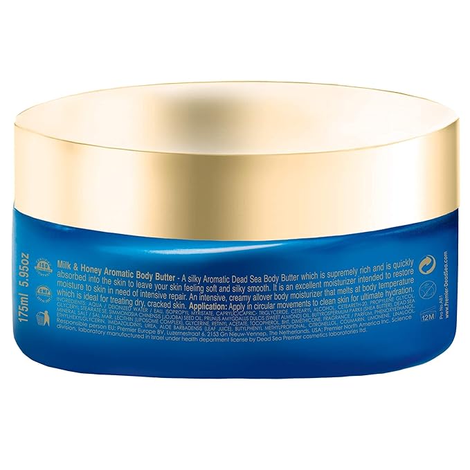 Premier Dead Sea Aromatic Body Butter – Milk & Honey, Hydrating Shea Body Butter for Women & Men, Moisturizing, Firming & Anti-Aging Cream for Dry Skin, Hand & Body, 5.95 Fl.oz