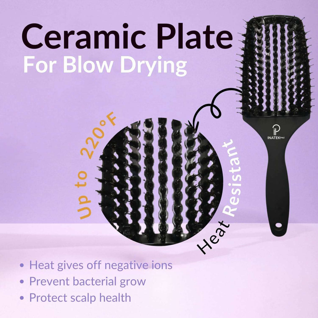 INATEKPRO Curved Vented Boar Bristle Detangler Brush - Black | LARGE