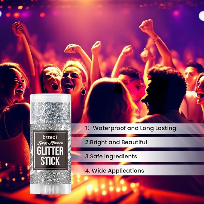 Brzeaf Silvery Body Glitter Stick, Waterproof & Long Lasting, Hair Eyeshadow Face Body Glitter, Singer Concert Music Halloween Rave Festival, Glitter Stick Makeup & Face Glitter Gel
