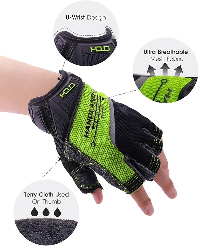 HANDLANDY Fingerless Work Gloves for Men Utility Padded Half Finger Driving Working Gloves (XXL, Green)