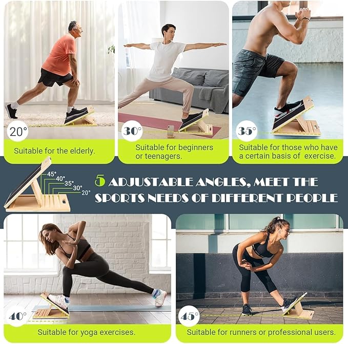 Professional Wooden Slant Board for Calf Stretching, Portable 5-Stretch Board for Knees, Non-Slip Foot Incline Board Physical Therapy Equipment Calf Stretch, Extra Side Handle for Carry