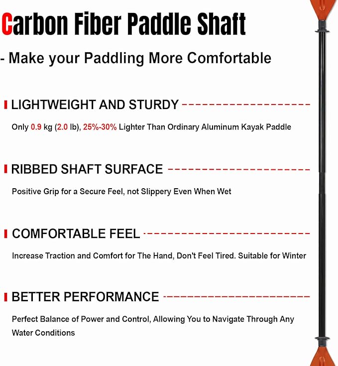 Kayak Paddle Premium Carbon Fiber Paddle with Reinforced PP + Fiberglass Blade, Floating Adjustable Kayaking Oars, 3 Piece, 220-240 cm/86-94 Inches, 240-260 cm/94-102 Inches