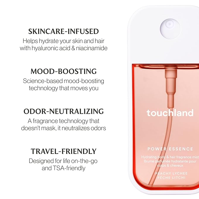Touchland Power Essence Hydrating Body & Hair Fragrance, Peachy Lychee, 2 FL. OZ. Travel Size Body Mist