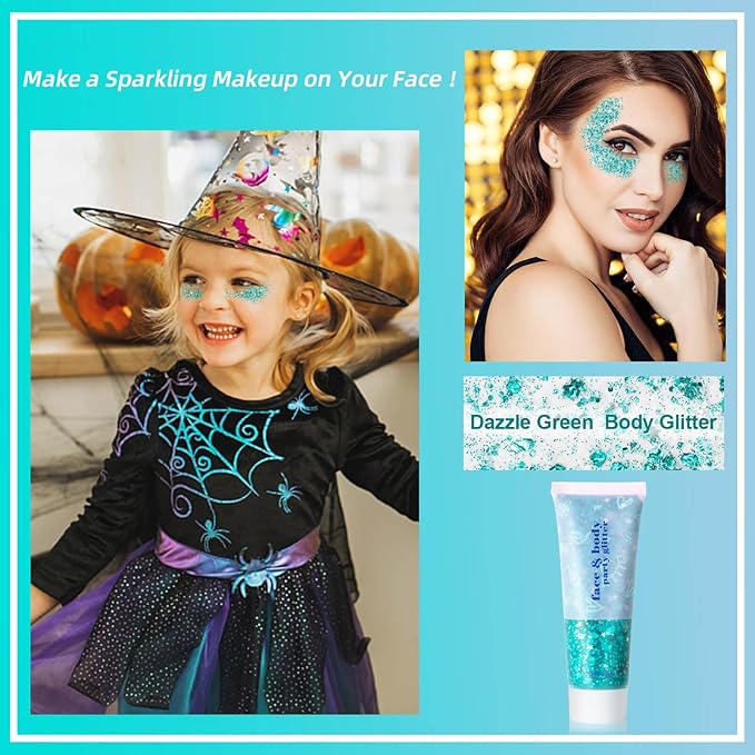 MEICOLY Teal Body Glitter,Mermaid Face Glitter Gel for Halloween Face Paint,Dazzle Green Chunky Glitter for Face Body Eye Lip Hair,Sparkling Holographic Gel Glitter Makeup for Women and Kids