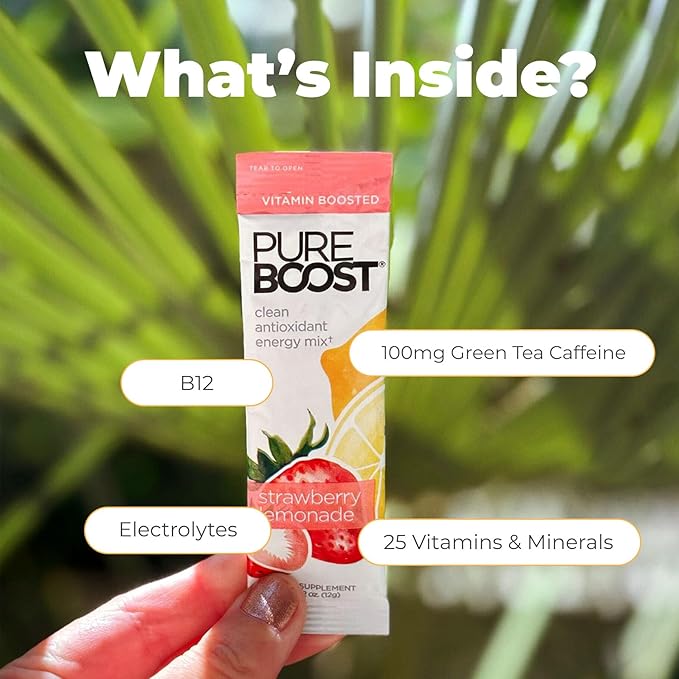 Pureboost Clean Energy Booster, Refreshing Energy Drink Mix with B12 Vitamins, Electrolytes, Antioxidants, Sugar-Free with No Sucralose (Strawberry Lemonade, 30 Count)