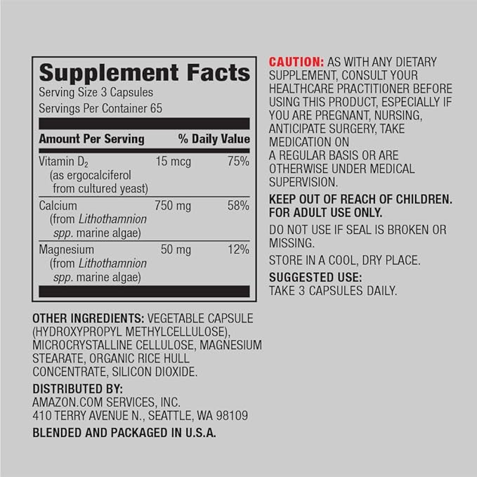 Amazon Elements Calcium Complex with Vitamin D, 250 mg Calcium (3 per Serving), Vegan, 195 Capsules (Packaging May Vary), Supports Strong Bones and Immune Health (Pack of 2)