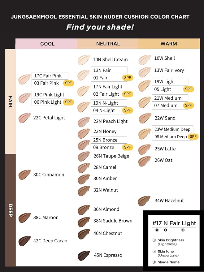 JUNG SAEM MOOL Essential Skin Nuder Cushion 10N Shell Cream 0.49 Fl Oz, No Refill, Natural Radiant Finish Cushion Foundation with Buildable Coverage, Lightweight Texture, Korean Foundation Makeup