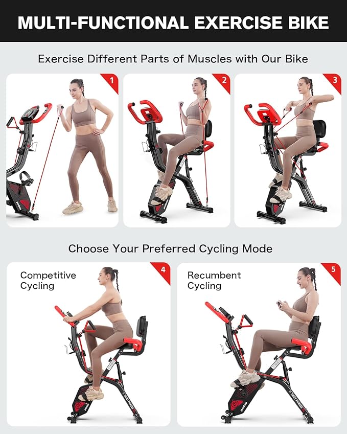 pooboo Folding Exercise Bike, Foldable Upright Stationary Bike, Indoor Cycling Magnetic X-Bike with 8-Level Adjustable Resistance, 6.6 LBS Flywheel, 300LB Capacity, Bottle Holder & Back Support Cushion for Home Gym