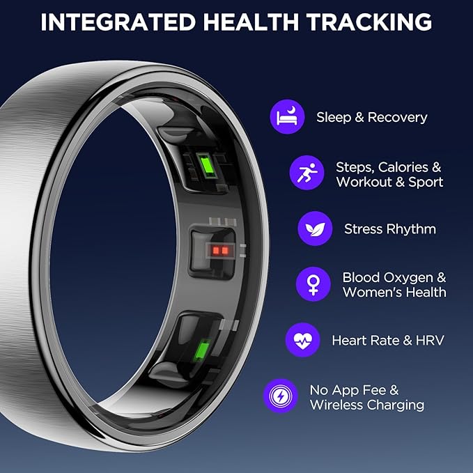 Smart Ring for Women Men, Activity Fitness Tracker with 24/7 Heart Rate Monitor, Waterproof Sleep Tracker Fitness Ring, Step Counter, Calorie Pedometer, No APP Fee,for iOS Android (Silver,#7)