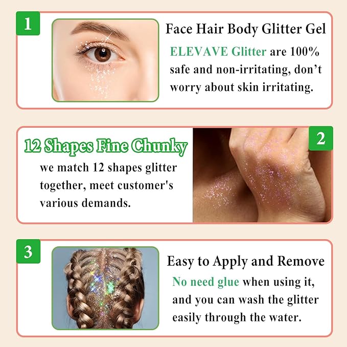 Body Glitter Face Glitter, Hair Glitter for Kids, 12 Shapes Fine Chunky Glitter Gel for Women Girls Makeup Sparkles Party Mermaid Sequins Rave Accessories Singer Concerts Festival (Gold Scheme)