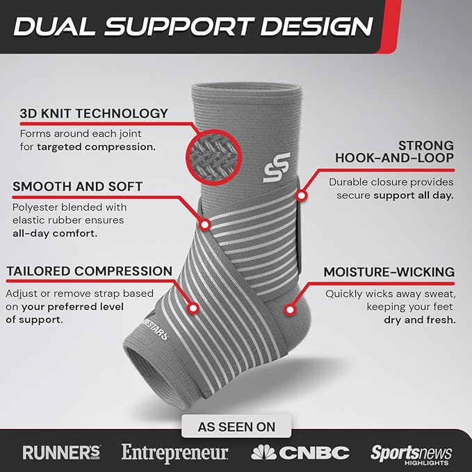 Sleeve Stars Ankle Brace for Women & Men, Ankle Wrap for Sprained Ankle, Compression Sleeve for Plantar Fasciitis Relief, Easy Customizable Support: w/Removable Strap (Pair/M:10"-12"/Gray)
