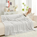 Cozy Bliss Faux Fur Throw Blanket for Couch, Jacquard Fuzzy Plush Soft Thick Winter Throw Blanket for Sofa Bed Living Room Bedroom, 90 * 90 Inches Beige