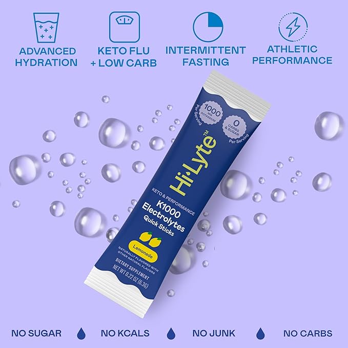 Hi-Lyte Keto & Performance - K1000 Electrolyte Quick Sticks - Lemonade - 1000mg Potassium, Magnesium, Calcium - Single-Serve Packets for Keto Hydration Support - No Sugar, No Carbs