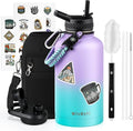 64 oz Insulated Water Bottle with Straw (Cold for 48 Hrs), Half Gallon Stainless Steel Triple Wall Vacuum Sports Water Jug, Leakproof Hydro Cup Flask with Straw Spout Lids & DIY Stickers