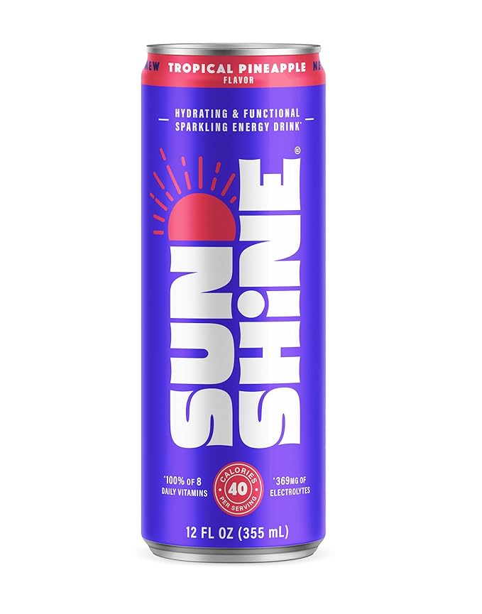 Sunshine Sparkling Energy Drink, Tropical Pineapple with Daily Essential Vitamins, 360mg of Electrolytes, 70mg of Natural Caffeine, 12 Fl Oz (Pack of 24)