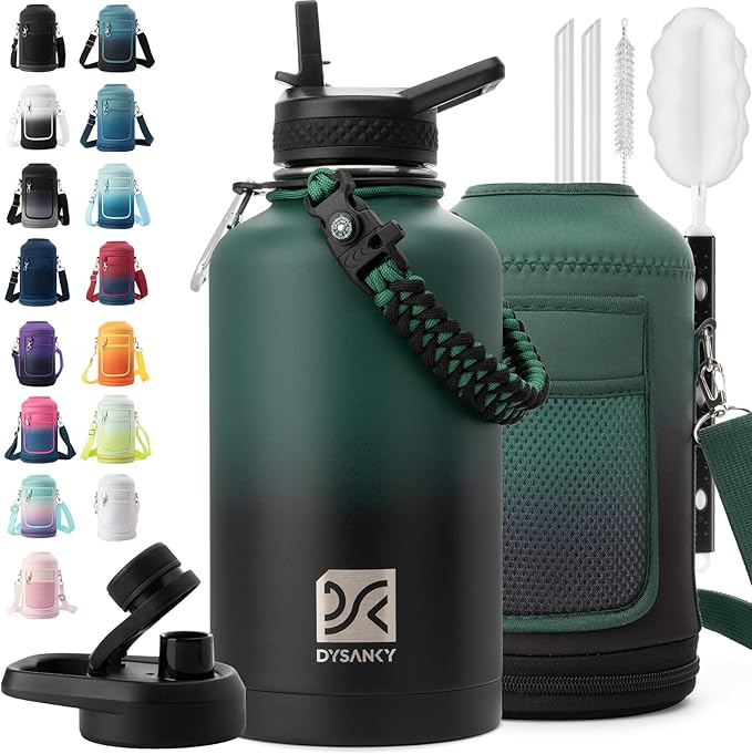 Insulated Water Bottle | Thickened Stainless Steel Vacuum Metal | Portable Sports Half Gallon Large Water Jug for Gym and Hiking with Straw, Carrier Bag, Handle Strap | BPA-Free 64 oz