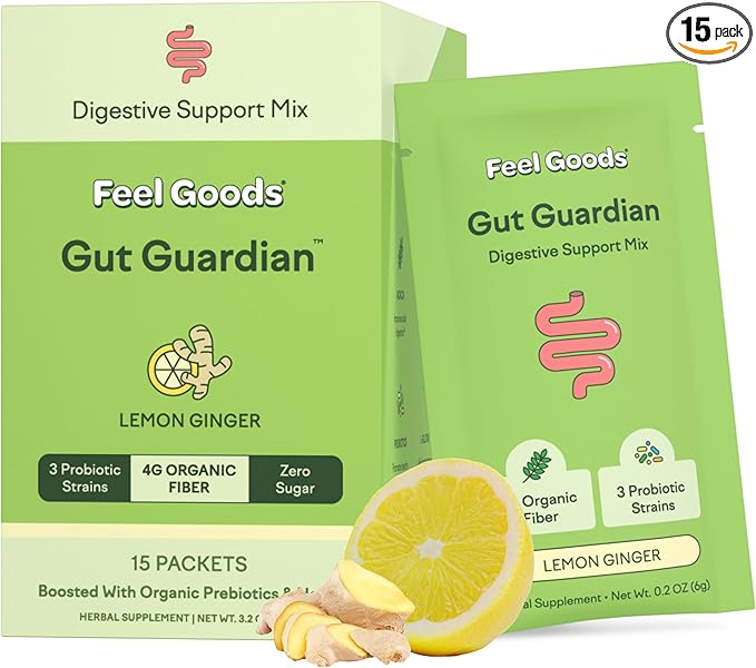 Feel Goods Gut Guardian, Organic Fiber, Probiotic & Prebiotic Powder, Sugar Free, Herbs for Bloat, Gut Health Support, Digestive Health for Men & Women, Non GMO, Vegan, Lemon Ginger, 15 Count