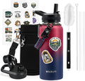 32 oz Insulated Water Bottle with Straw (Cold for 48 Hrs), Stainless Steel Triple Wall Vacuum Sports Water Jug, Leakproof Hydro Cup Flask with Paracord Handle & Straw Spout Lids & DIY Stickers