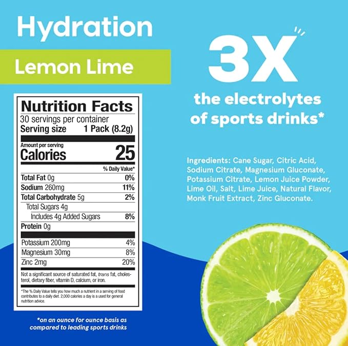 HYDRANT Hydrate, Individual Hydration Electrolyte Powder Stick Packets with No Artificial Sweeteners, Colors, or Fillers (Lemon Lime, 30 Pack)