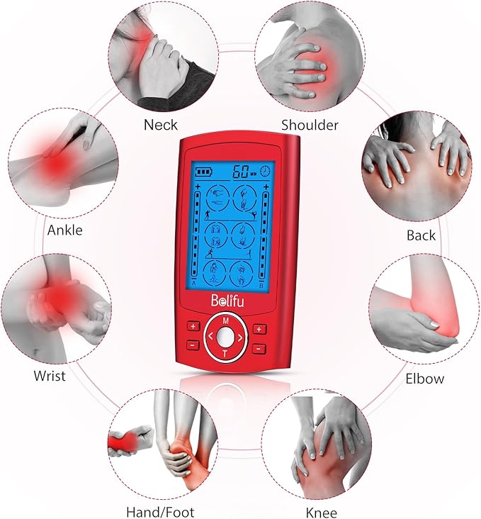 Belifu Dual Channel TENS EMS Unit 24 Modes Muscle Stimulator for Pain Relief Therapy, Electronic Pulse Massager Muscle Massager with 10 Pads, Dust-Proof Drawstring Storage Bag, Fastening Cable Ties