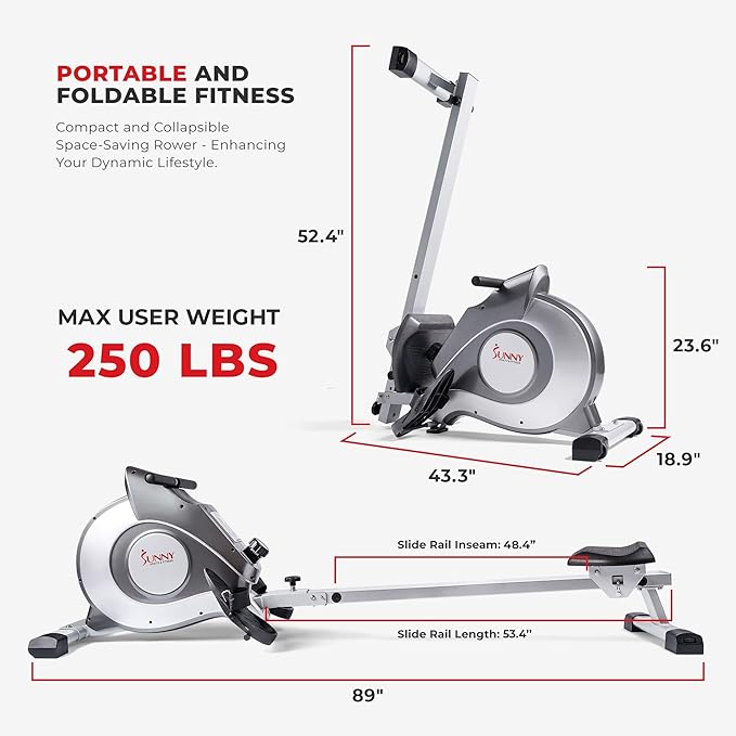 Sunny Health & Fitness Flip & Foldable Rowing Machine for Home w/Extended Slide Rail, Full-Body Workout, Low-Impact, Optional Extra Long Rail, Quiet Rail Cover, Water Motion and Free SunnyFit App