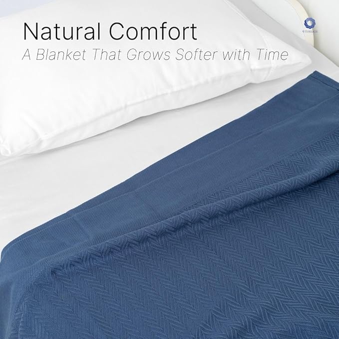 100% Cotton Herringbone Weave Blankets, 90"X90" Queen, Throw Blanket for Bed,All Season Cotton Blanket, Cozy Blanket,Throws Bed Blanket, Throw Blanket for Couch,Modern Home Decor -Navy Blue