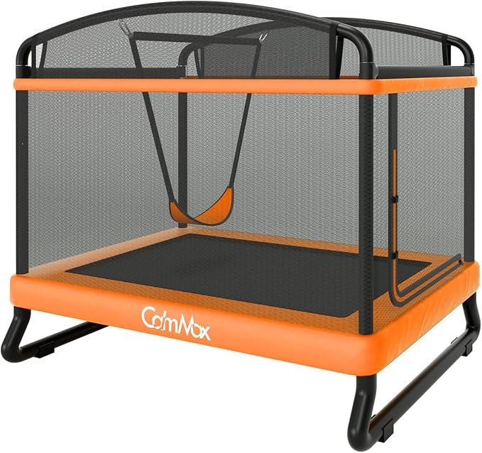 Calmmax 6FT Rectangle Toddler Trampoline with Swing & Horizontal Bar, Enclosure Safety Net, ASTM Approved – Indoor/Outdoor Kids Trampoline
