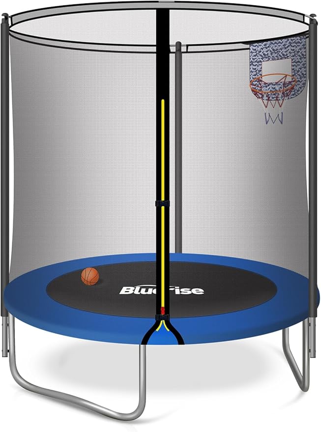 BLUERISE Trampoline 55IN 6FT Toddler Trampoline for Kids Indoor Outdoor Play for Kids Trampoline Basketball Hoop Attachment with Enclosure Net Easy to Assemble Outdoor Indoor Trampoline