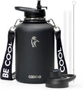 Coolflask 64oz Insulated Water Bottle with Strap, Half Gallon Large Water Jug with Straw & Spout Lids, Double Wall Stainless Steel Metal Flask, Keep Cold 48h Hot 24h, Leak Proof&Non-BPA, Magic Black